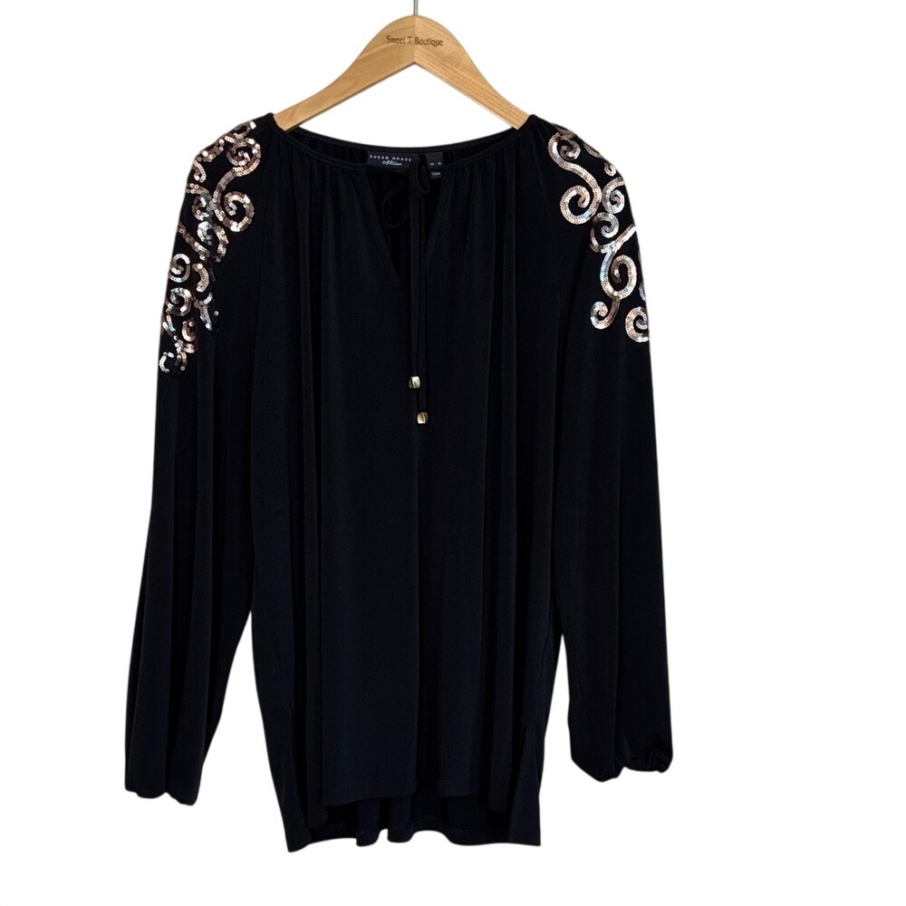 SUSAN GRAVER Artisan XL Black Liquid Knit Long Sleeve Tunic Top Office Travel